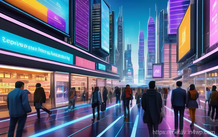메타버스 부동산 시장 트렌드 - **Prompt 1: Futuristic Metaverse Cityscape with Digital Economy.** A vibrant, futuristic metaver...