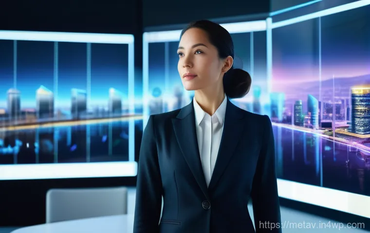 메타버스 부동산의 투자 가치 평가 - A professional female investor in her late 30s, dressed in a stylish business suit, stands in a soph...