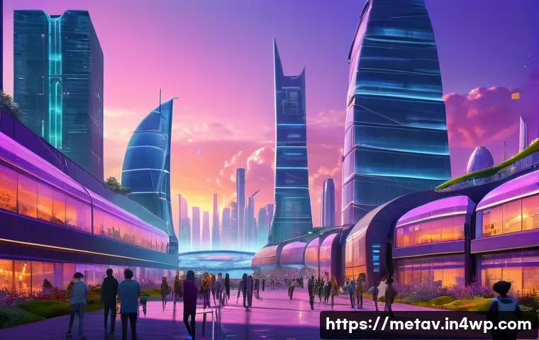 가상 세계에서의 부동산 개발 전략 - A vibrant, futuristic metaverse cityscape at sunset, with diverse architectural styles ranging from ...
