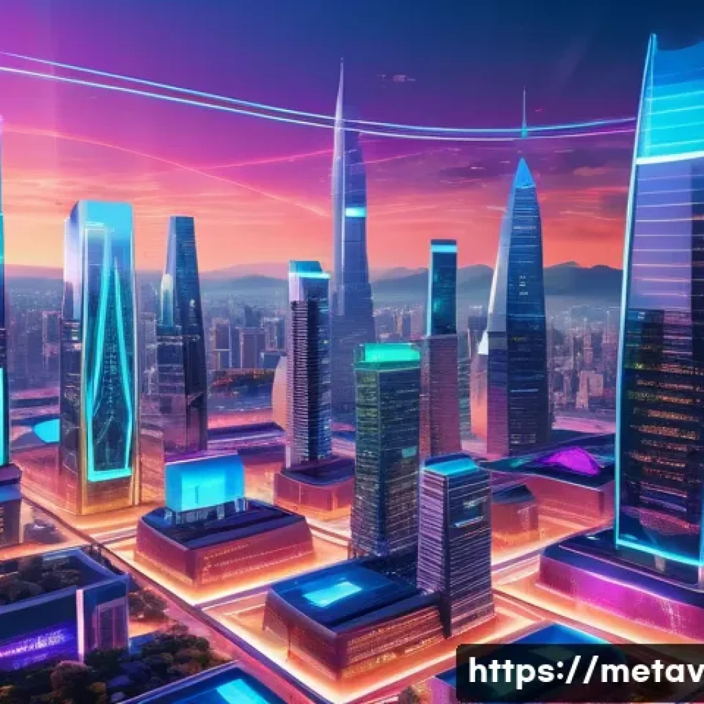 가상 부동산의 미래 투자 전략 - A futuristic digital cityscape representing virtual real estate in the metaverse, featuring vibrant,...