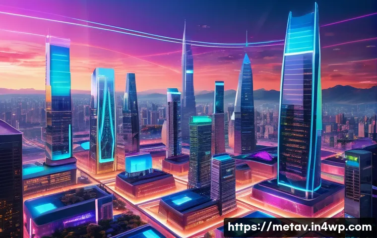 가상 부동산의 미래 투자 전략 - A futuristic digital cityscape representing virtual real estate in the metaverse, featuring vibrant,...
