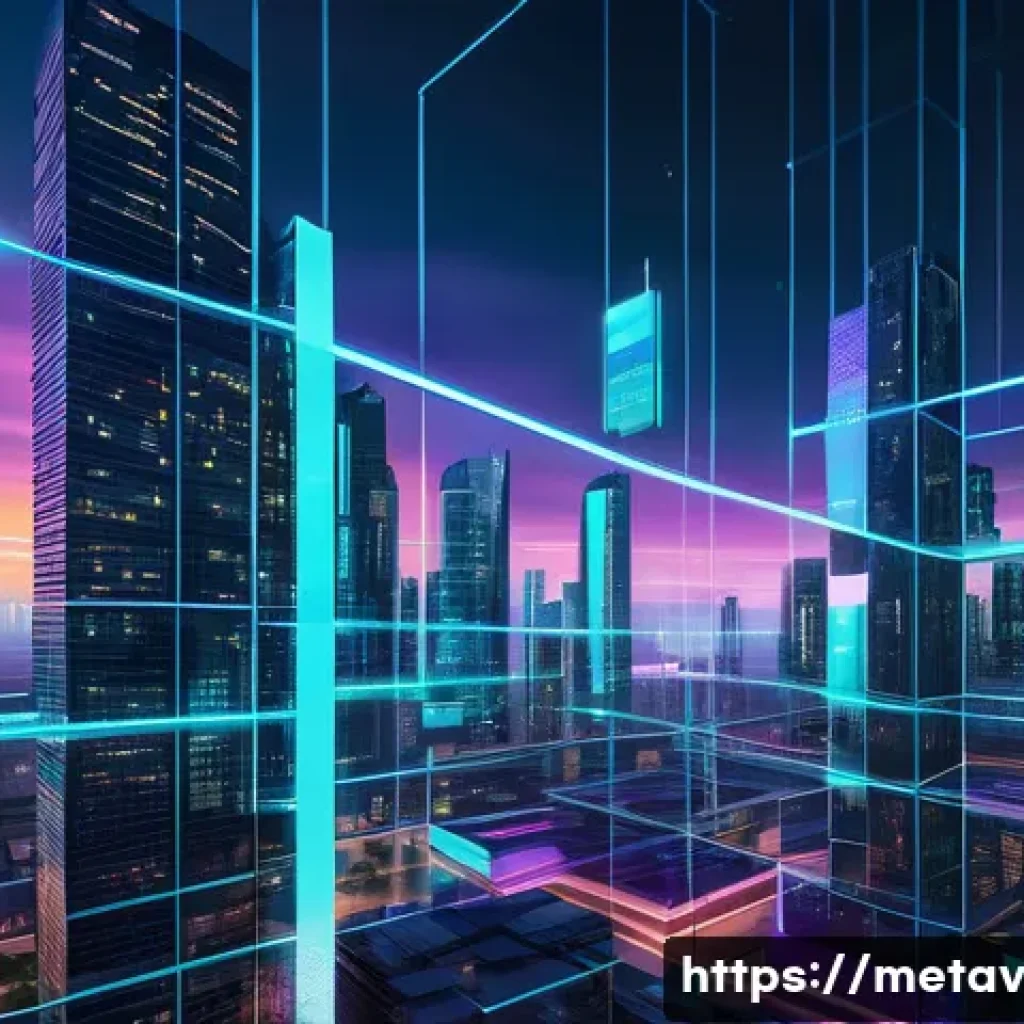 메타버스 부동산 투자 리스크 - A futuristic digital cityscape representing a metaverse platform, with glowing virtual real estate p...