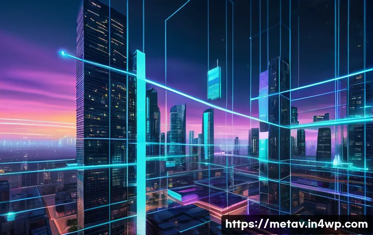메타버스 부동산 투자 리스크 - A futuristic digital cityscape representing a metaverse platform, with glowing virtual real estate p...